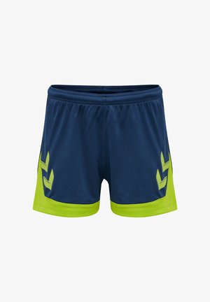 Marineblå atletikshorts med neon grønne sidepaneler og chevron-formede accenter, med elastisk talje og sporty design.