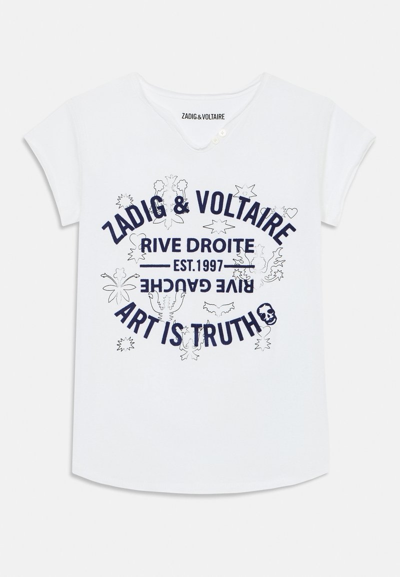 T-shirt en coton blanc avec un imprimé graphique bleu marine, ornée de motifs floraux et du texte "ZADIG & VOLTAIRE RIVE DROITE EST.1997 L'ART EST LA VÉRITÉ."