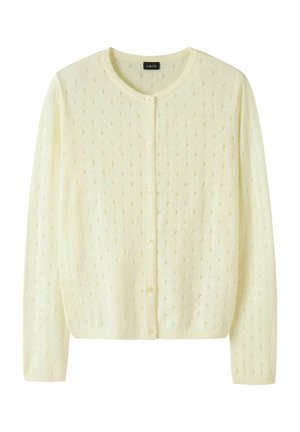 Krémový kardigán s dlhými rukávmi, s malým vzorom priehľadných dierok, okrúhlym výstrihom a zapínaním na gombíky vpredu.
