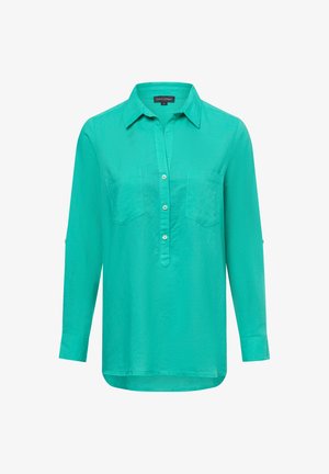 Turquoise lange mouwen overhemd met knopen en een kraag, twee borstzakken en een rechte zoom. Gemaakt van een lichtgewicht, gladde stof.
