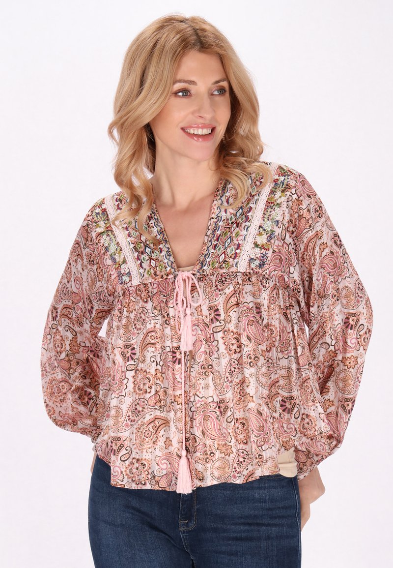 Rosa Paisley-Tunika mit V-Ausschnitt und dekorativer Stickerei, ausgestattet mit einem Kordelzug mit Quasten und langen, luftigen Ärmeln.