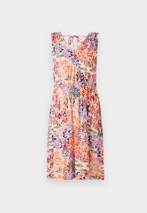 Robe d'été à motif floral avec décolleté en V, sans manches, épaules froncées et taille cintrée dans des teintes vibrantes de rouge, bleu et orange.