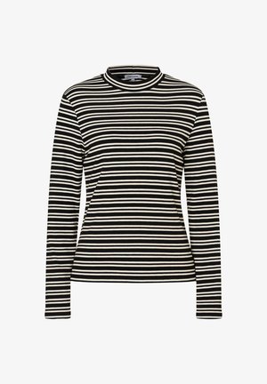 Long-sleeved top in black and cream stripes. Made from ribbed fabric with a high neckline and fitted silhouette. Simple, clean design.