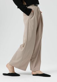 Beige brede broek met voorplooien, gemaakt van gladde stof. Gecombineerd met zwarte instapschoenen, model heeft handen in de zakken.