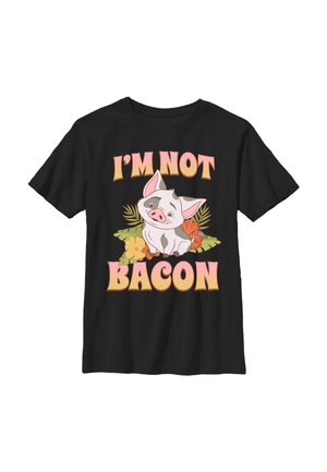Sort T-shirt med en smilende tegnesvin omgivet af blomster og blade, med fed skrift der siger "I'M NOT BACON" over og under grisen.