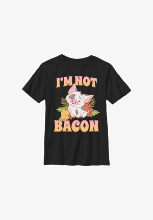 Czarna koszulka z uśmiechniętą kreskówkową świnką otoczoną kwiatami i liśćmi, z pogrubionym tekstem "I'M NOT BACON" nad i pod świnką.