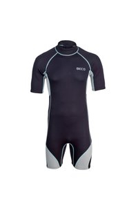 Korte mouwen wetsuit in zwart met lichtblauwe accenten. Gemaakt van rekbaar materiaal, met een hoge kraag en vlakke naden voor comfort.