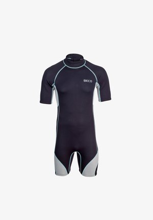 Kurze Neoprenanzug in Schwarz mit hellblauen Akzenten. Aus elastischem Material gefertigt, mit hohem Kragen und Flachnähten für mehr Komfort.