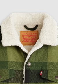 Chaqueta de camisa a cuadros verdes con cuello de sherpa blanco. Presenta botones de presión de metal y una etiqueta de cuero marrón en el interior. Talla M.