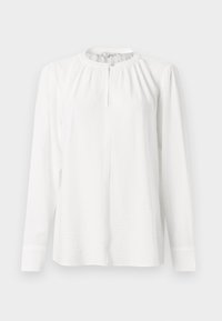 Witte blouse met lange mouwen en een ronde halslijn, geplooide details en een knoopsluiting aan de voorkant. Gemaakt van lichte, gestructureerde stof.