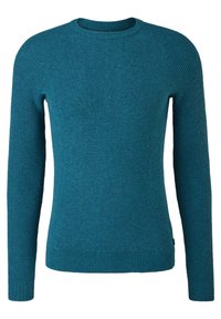 Maglione a coste color teal con scollo tondo e maniche lunghe. Texture liscia con coste a contrasto su polsini e orlo.