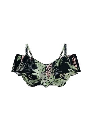 Soutien-gorge de bikini noir avec un motif de feuilles tropicales vertes et roses, accents volantés et bretelles ajustables. Tissu doux et texturé.