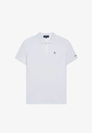 Weißes Poloshirt mit kurzen Ärmeln aus Baumwolle, mit einem kragenförmigen Halsausschnitt, zwei Knopfverschluss und kleinem gesticktem Logo auf der Brust.