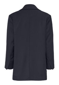 Blazer ajusté bleu marine foncé à manches longues vu de dos, avec un col classique et une couture centrale.