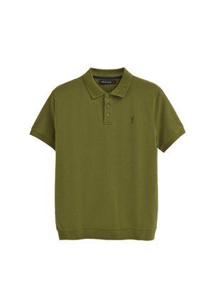 Polo shirt verde oliva in cotone, con colletto a tre bottoni, maniche corte e un piccolo logo ricamato sul petto.