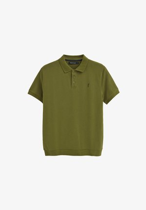 Olivgrünes Poloshirt aus Baumwolle mit einer Knopfleiste mit drei Knöpfen, kurzen Ärmeln und einem kleinen, auf der Brust gestickten Logo.