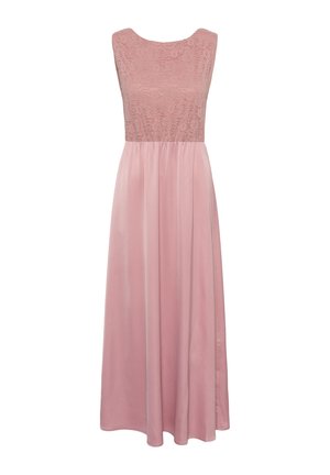 Ružové dlhé šaty bez rukávov s čipkovaným živôtikom a prúdiacou sukňou, s okrúhlym výstrihom.