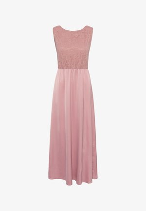 Robe maxi rose sans manches avec corsage en dentelle et jupe fluide, dotée d'un col arrondi.