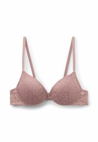 Kanten beha in een stoffige rozenkleur met beugel, gevormde cups en verstelbare banden. Bloemmotief door het hele ontwerp, zachte textuur.