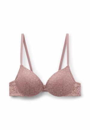 Spitzen-BH in einem staubigen Rosaton mit Unterbruststütze, vorgeformten Cups und verstellbaren Trägern. Blumendesign über das gesamte Stück, weiche Textur.