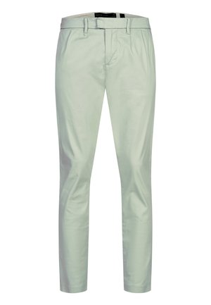 Svetlozelené pánske slim fit nohavice s pútkami na opasok a prednými vreckami, prezentované na bielom pozadí.