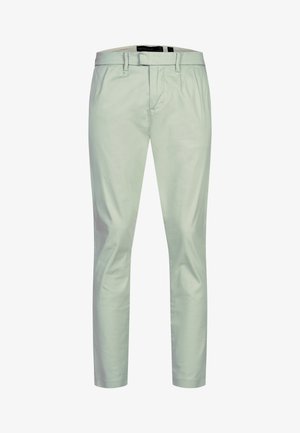 Svetlozelené pánske slim fit nohavice s pútkami na opasok a prednými vreckami, prezentované na bielom pozadí.