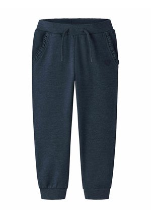 Dunkelblaue Jogginghose aus weichem Stoff, mit einem elastischen Bund und Kordelzug, Seitentaschen mit Rüschendetails und gerippten Bündchen.