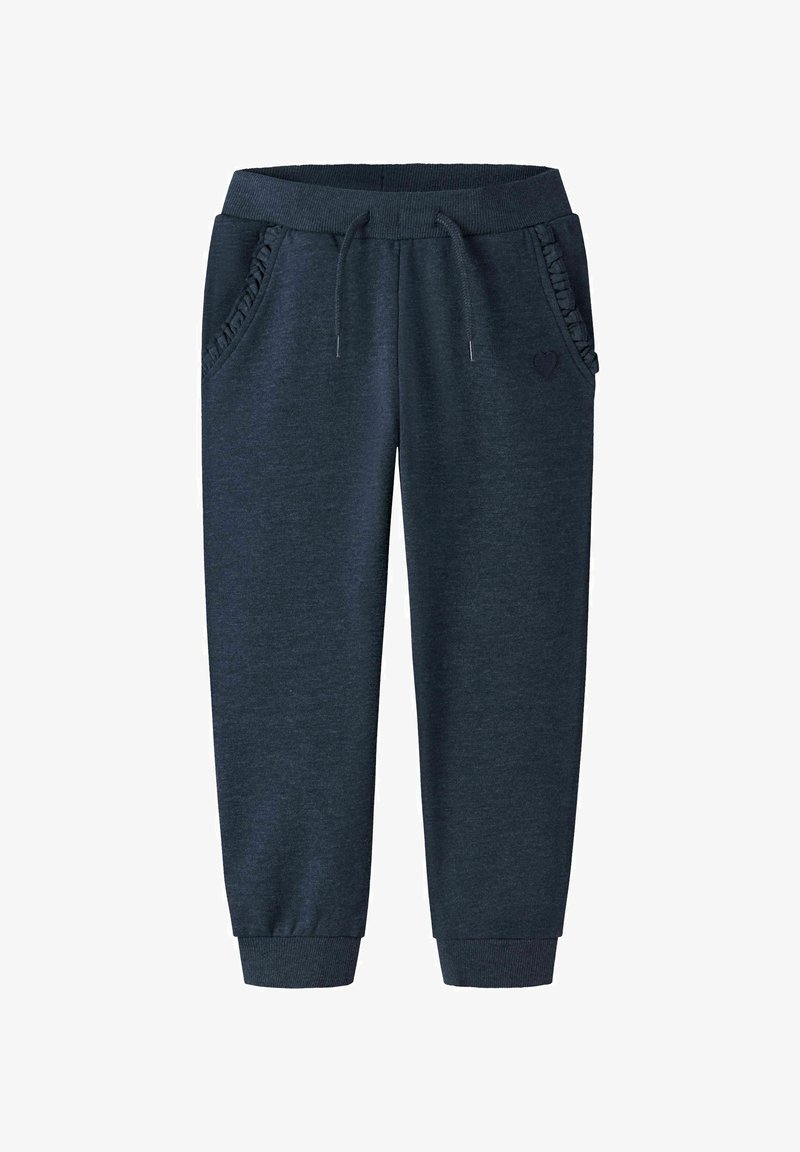 Donkerblauwe sweatpants van zachte stof, met een elastische tailleband met trekkoorden, zijzakken met ruches en geribde manchetten.