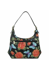 Zwart leren handtas met levendige bloem- en vlinderpatronen, accentueert met gouden hardware en een ritsvak.