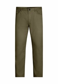 Pantaloni verdi oliva da uomo a gamba dritta con bottone frontale, zip, passanti per cintura e design a cinque tasche su sfondo bianco.