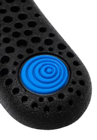 Black rubber grip with textured surface, featuring circular holes and a blue spiral accent in the center. Ergonomic design for comfort.