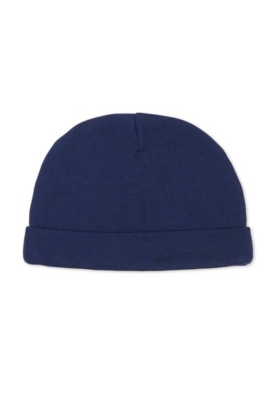 Cappello di lana blu navy con risvolto, design semplice e solido, mostrato disteso su sfondo bianco.
