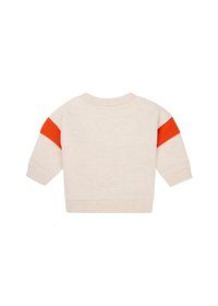 Felpa beige chiaro con righe arancioni sulle spalle. Realizzata in tessuto morbido, presenta un collo rotondo e polsini a costine. Vista posteriore mostrata.