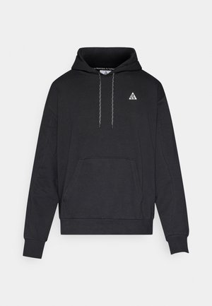 Black hoodie made of cotton blend, featuring a front pocket, adjustable drawstring hood, and a small white logo on the chest.