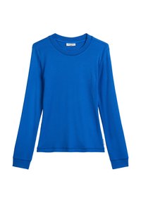 Niebieska koszula z długim rękawem o prążkowanej fakturze, z okrągłym dekoltem i dopasowanymi mankietami. Prosty design, wykonana z miękkiego materiału.