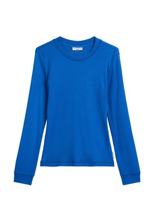 Niebieska koszula z długim rękawem o prążkowanej fakturze, z okrągłym dekoltem i dopasowanymi mankietami. Prosty design, wykonana z miękkiego materiału.