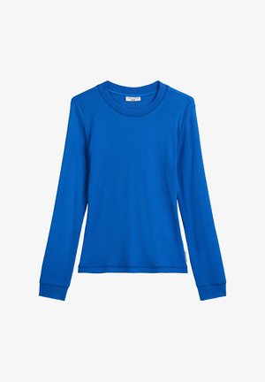 Blauw shirt met lange mouwen in een geribbelde textuur, voorzien van een ronde halslijn en aangesloten manchetten. Eenvoudig ontwerp, gemaakt van zachte stof.