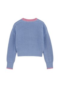 Maglione lavorato a uncinetto in azzurro chiaro, con collo e polsini a coste rosa. Design corto con maniche lunghe e tessuto strutturato.
