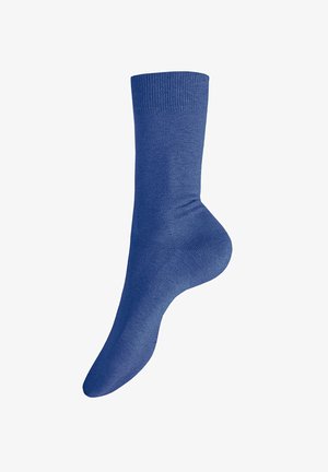 Single blue sock with a ribbed cuff, mid-calf length, made of smooth fabric against a white background.