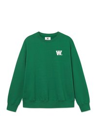 Green sweatshirt made of soft fabric, featuring a crew neck, long sleeves, ribbed cuffs, and a white logo on the left chest.