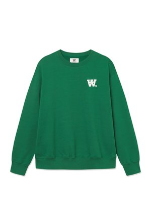 Green sweatshirt made of soft fabric, featuring a crew neck, long sleeves, ribbed cuffs, and a white logo on the left chest.