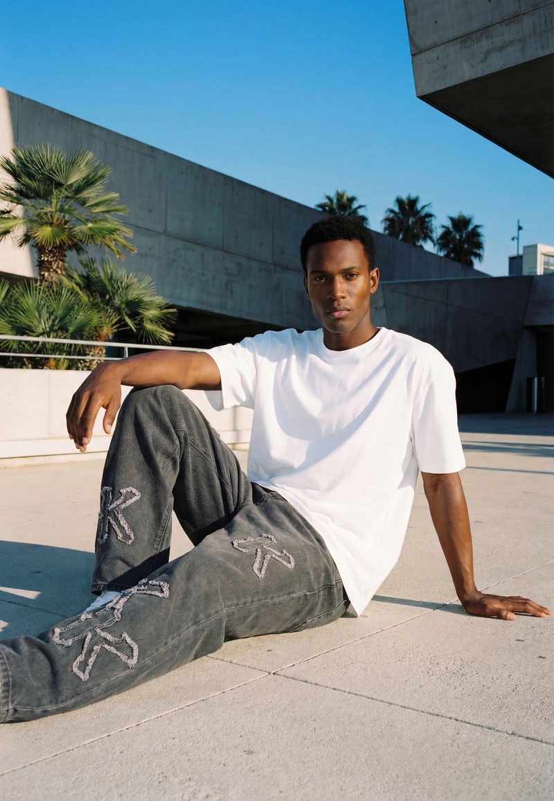 Young man in white t-shirt and patterned gray jeans sits on concrete ground outside with palm trees and modern building behind him.