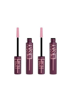 Mascara dans un flacon élégant en mat, de couleur prune profonde, avec un texte de marque rose. Comprend un applicateur long et fin avec des poils fins.