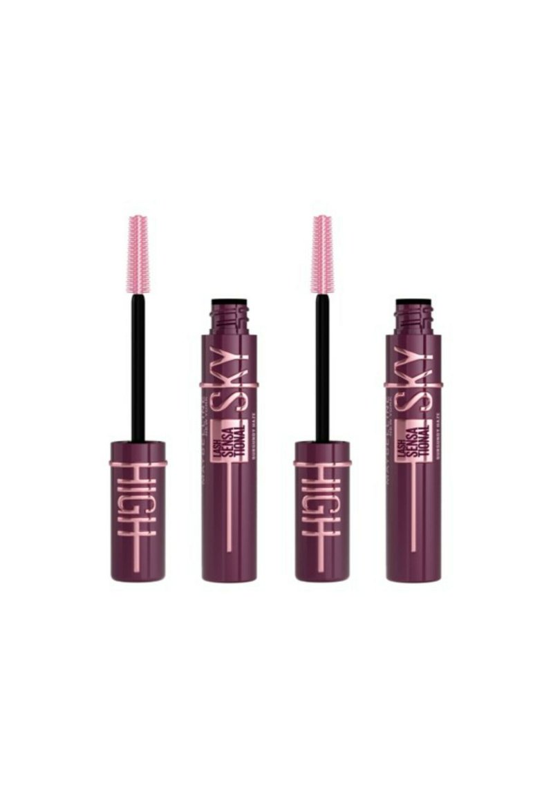 Mascara dans un flacon élégant en mat, de couleur prune profonde, avec un texte de marque rose. Comprend un applicateur long et fin avec des poils fins.