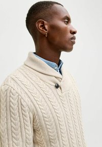 Beige gestrickter Pullover mit Schalkragen, der ein Zopfmuster aufweist und mit einem einzelnen schwarzen Knopf geschlossen wird. Getragen über einem hellblauen Hemd.