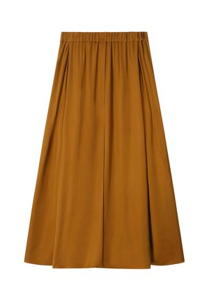 Jupe midi marron avec taille élastique et plis doux, créant une silhouette fluide et décontractée.