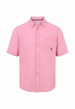 Camisa rosa de hombre de manga corta con botones, cuello y bolsillo en el pecho con pequeño logo bordado.