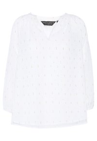 Blusa bianca a maniche lunghe con piccoli accenti verticali metallici oro e argento e colletto a V con spacco.