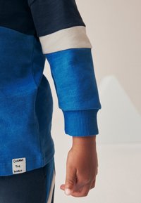 Pikad varrukad sinine dressipluus tumeliste siniste, helesiniste ja kreemjate detailidega. Varustatud soonikkoes mansettide ja sildiga, millel on kiri "MUUDA MAAILMA."