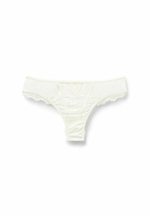 Weiße Damen-String-Tangas mit Spitzenbesatz, floralem Spitzenvorderteil und wellenförmigen Kanten auf weißem Hintergrund.